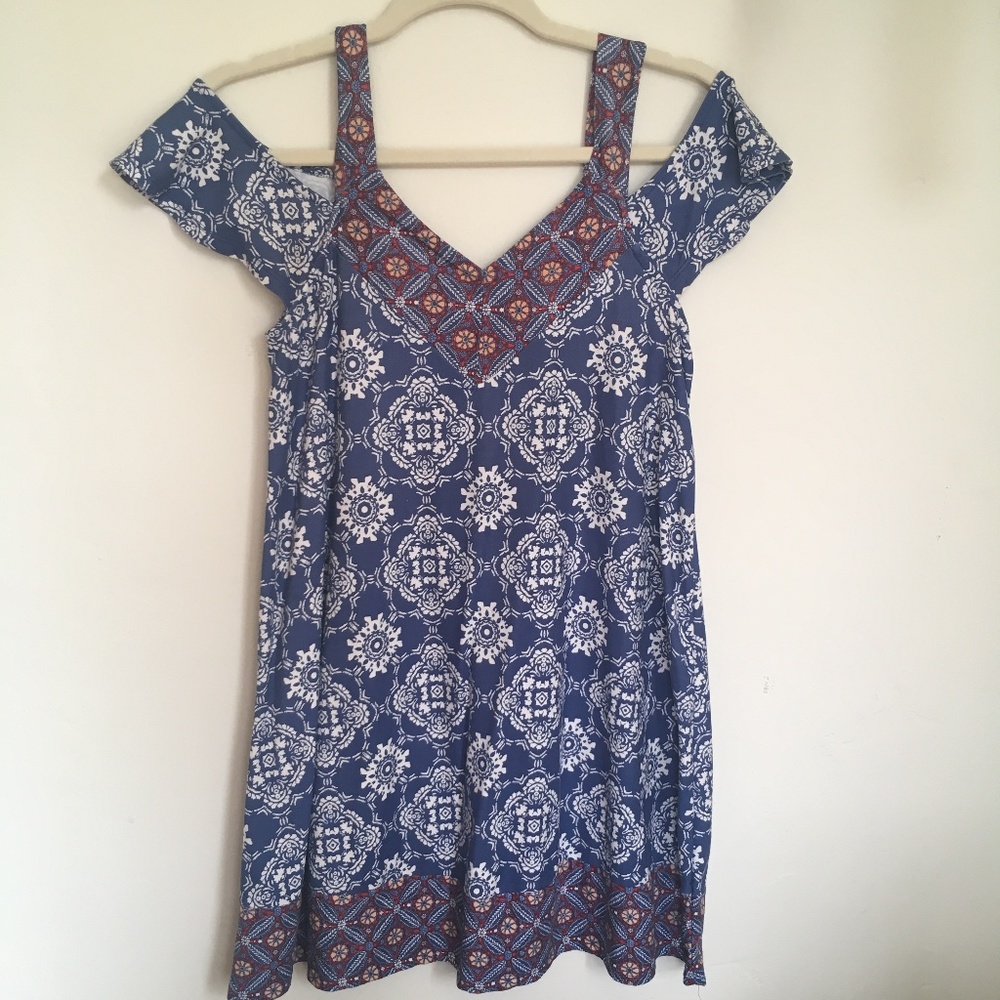 Blue and white tribal boho shoulder-less dress